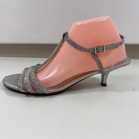 Fioni Night Women's Silver Glitter Rhinestones Sandals Kitten Heel Size 9.5 - Picture 5 of 13